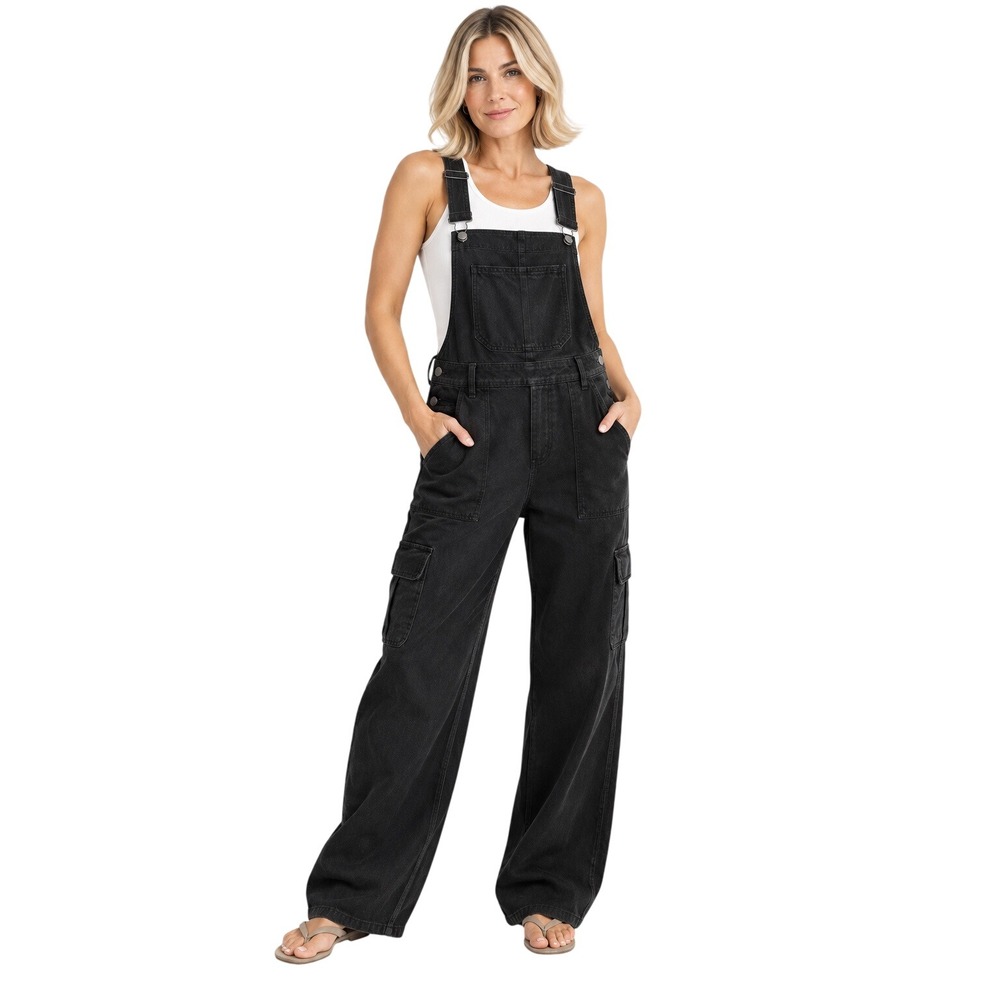 Aerie Black Washed Denim Cargo Overalls Wide Leg Utility Jumpsuit Size S